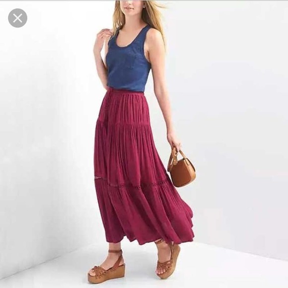 GAP Skirts Gap Burgundy Red Boho Tiered Maxi Skirt Kidney Bean Size Large Like New Poshmark